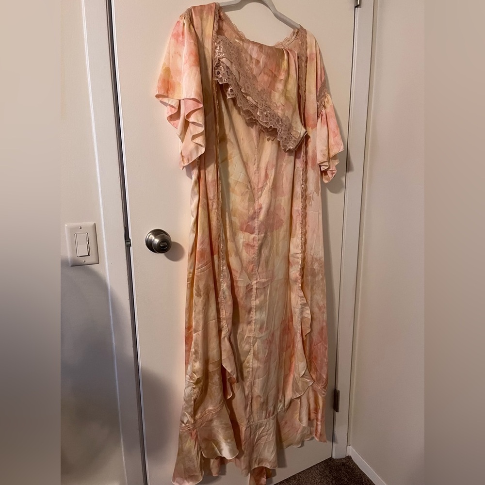 Anthropologie Pastel Watercolor Satin Robe with Lace Trim